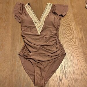 Women's Brown One Piece Swimsuit Ruched V Neck Lace Trim Short Sleeve Size XL